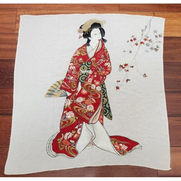 Vintage Japanese Scarf Geisha Kimono Art Print Red Gold Ivory Japan Size 28x 26 - Picture 2 of 6
